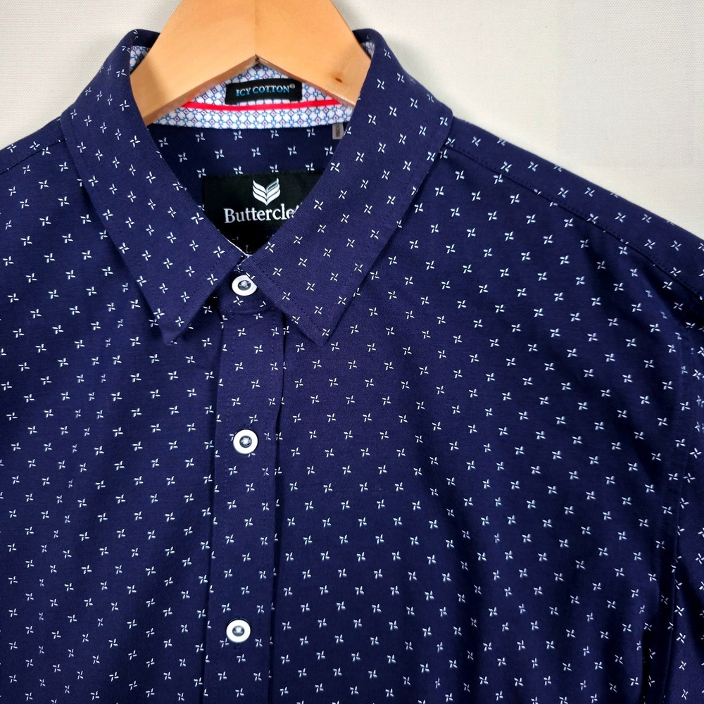 Buttercloth Icy Cotton Button Down Mens L Tall Navy Blue Geometric Print